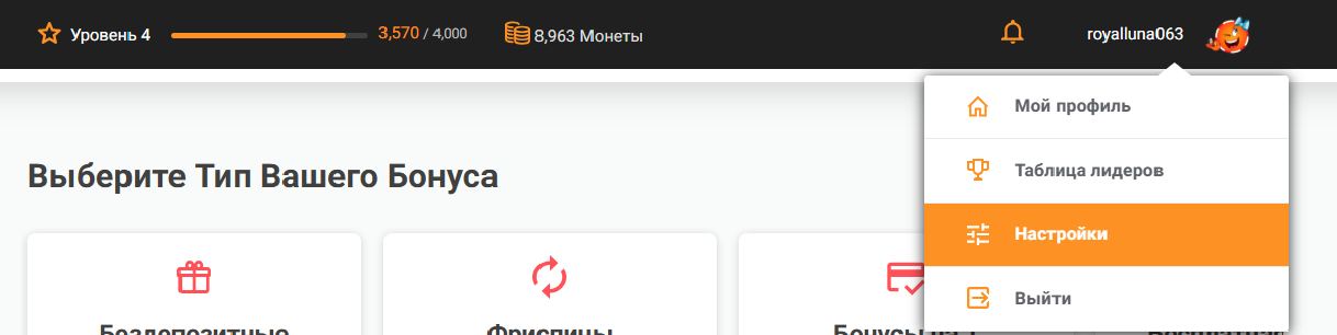 меню настроек учетной записи Chipy